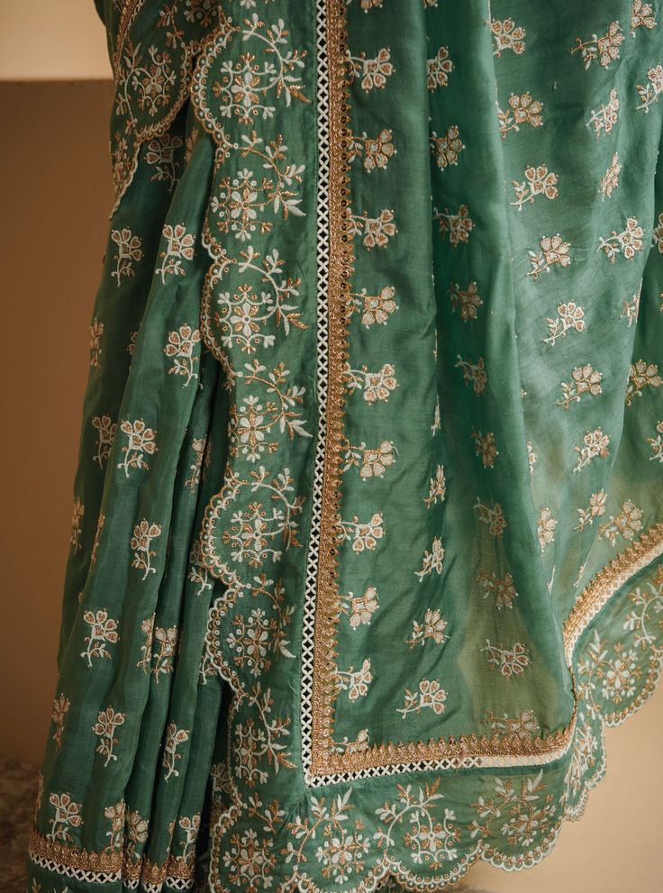 Teal/Green Embroidered Muslin Saree